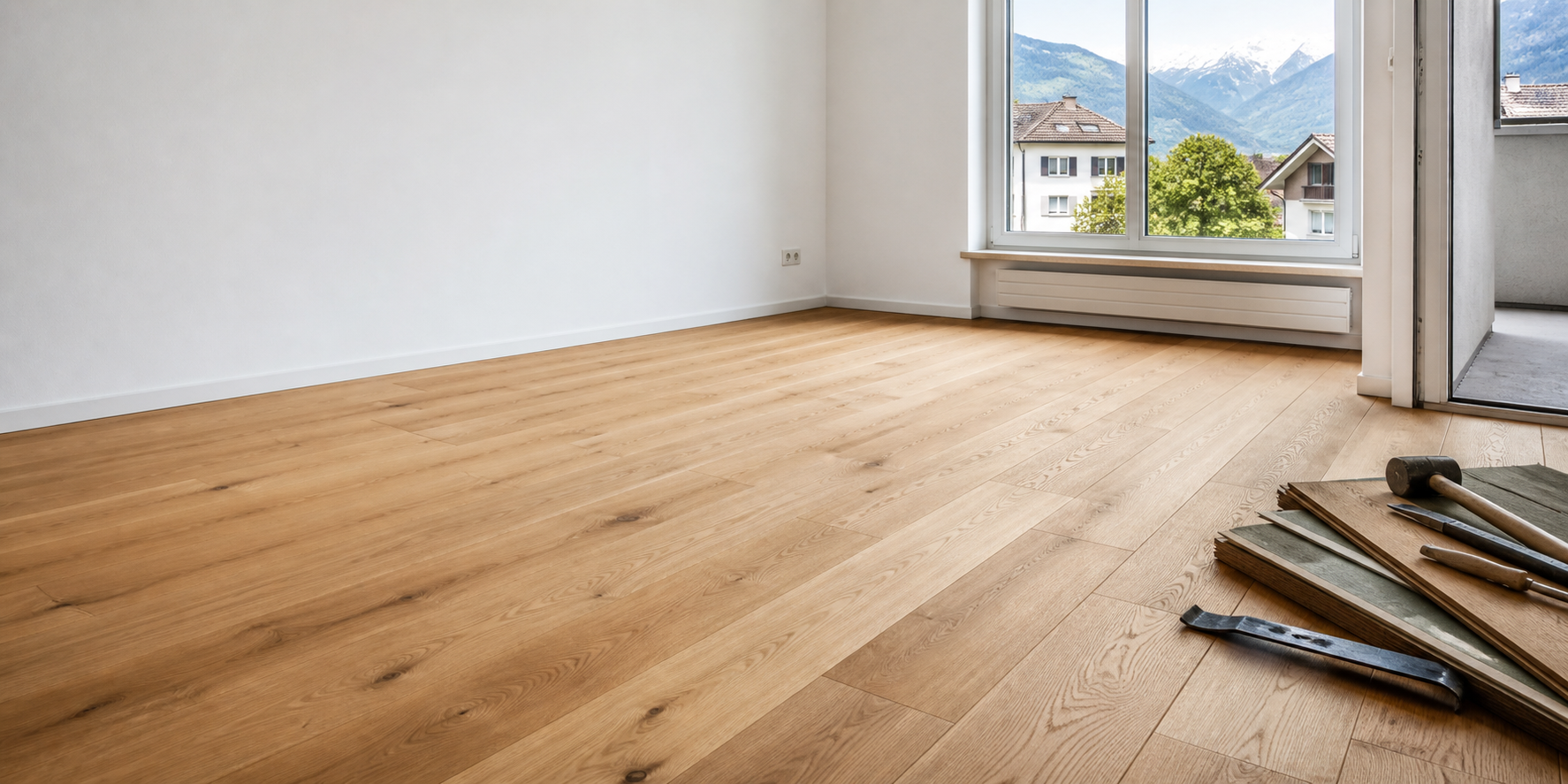 Frisch verlegter Parkettboden in einer hellen Wohnung